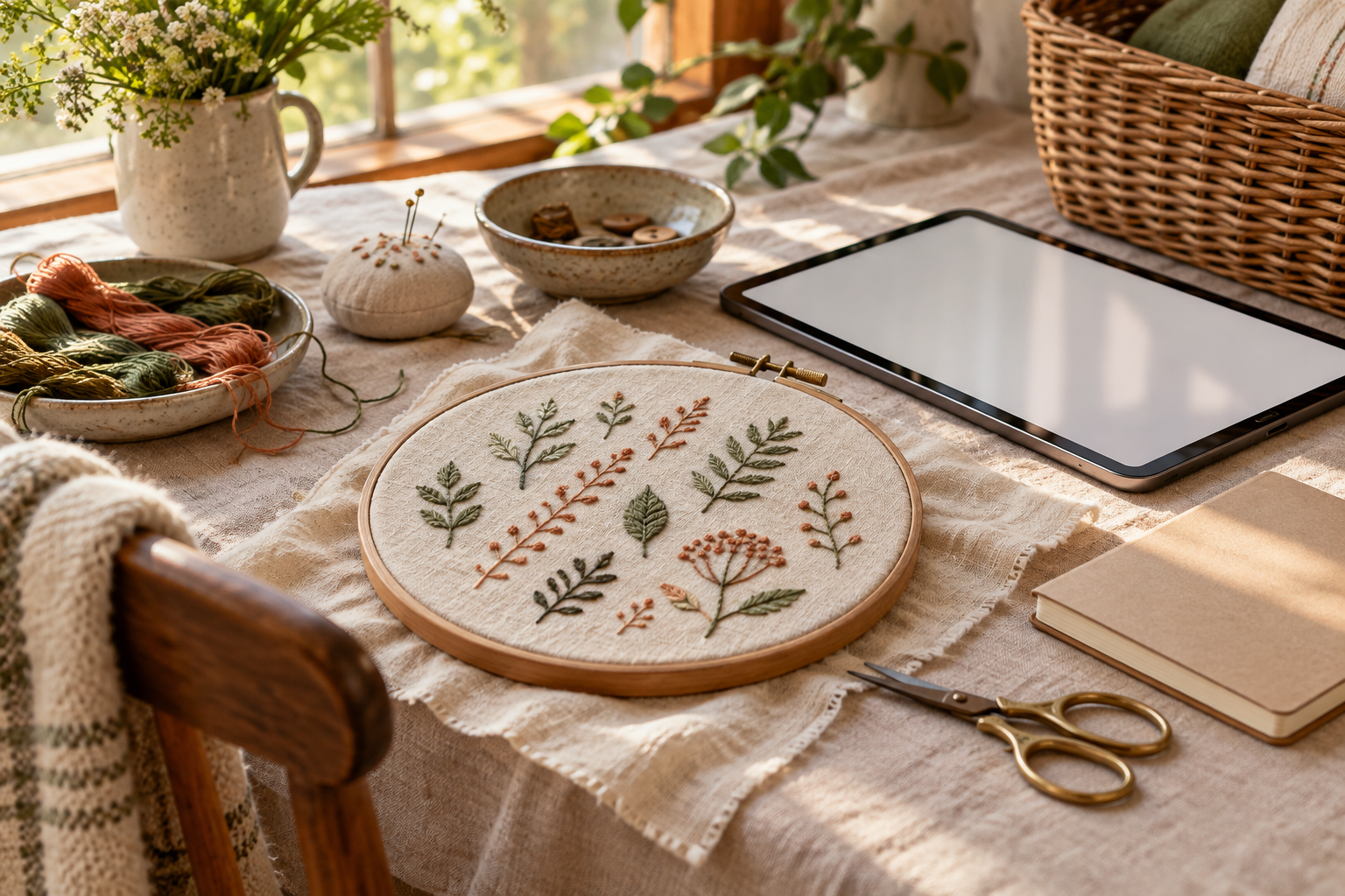 Embroidery tools, a practice sampler and a tablet on a softly lit craft table.