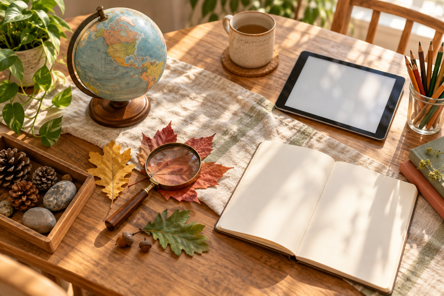 A globe, magnifying glass, notebook and leaves arranged for an at-home learning activity.