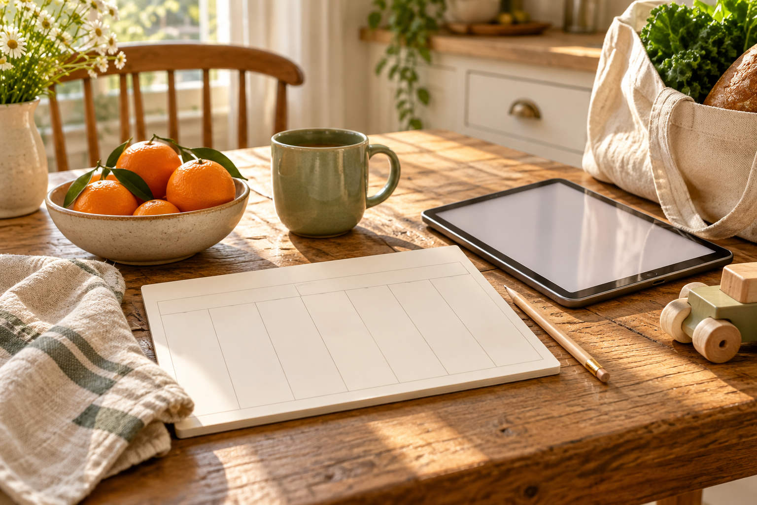 A blank weekly planner, tablet, oranges and wooden toy on a sunlit kitchen table.