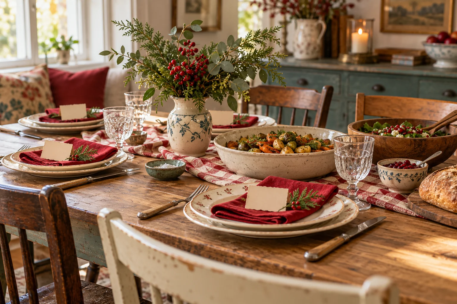 A warm holiday table with cream plates, red napkins and a small arrangement of greenery.