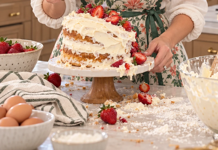 A strawberry layer cake with baking ingredients