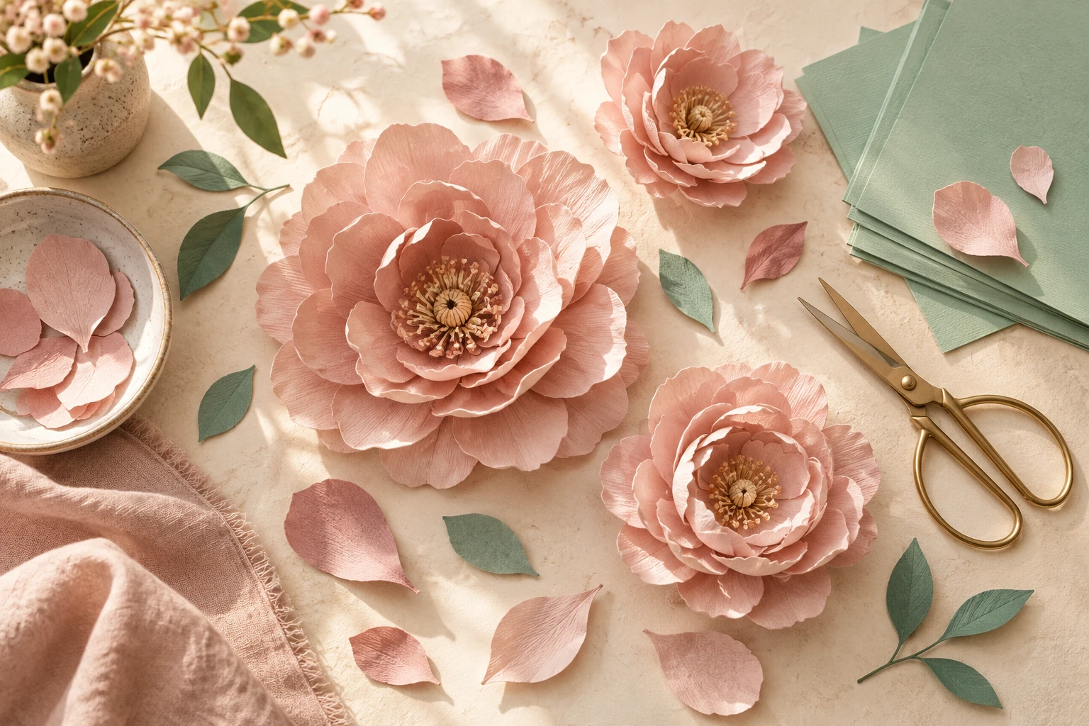 Pink paper flowers and craft supplies