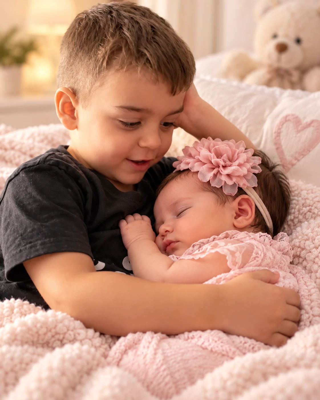 Portrait of a young child cuddling a newborn