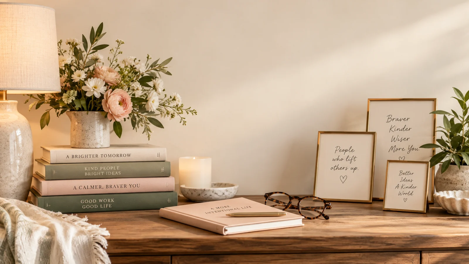 Reading nook with decorative books, flowers, and a journal