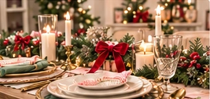 A softly lit holiday table with candles, flowers, ribbon and welcoming place settings.