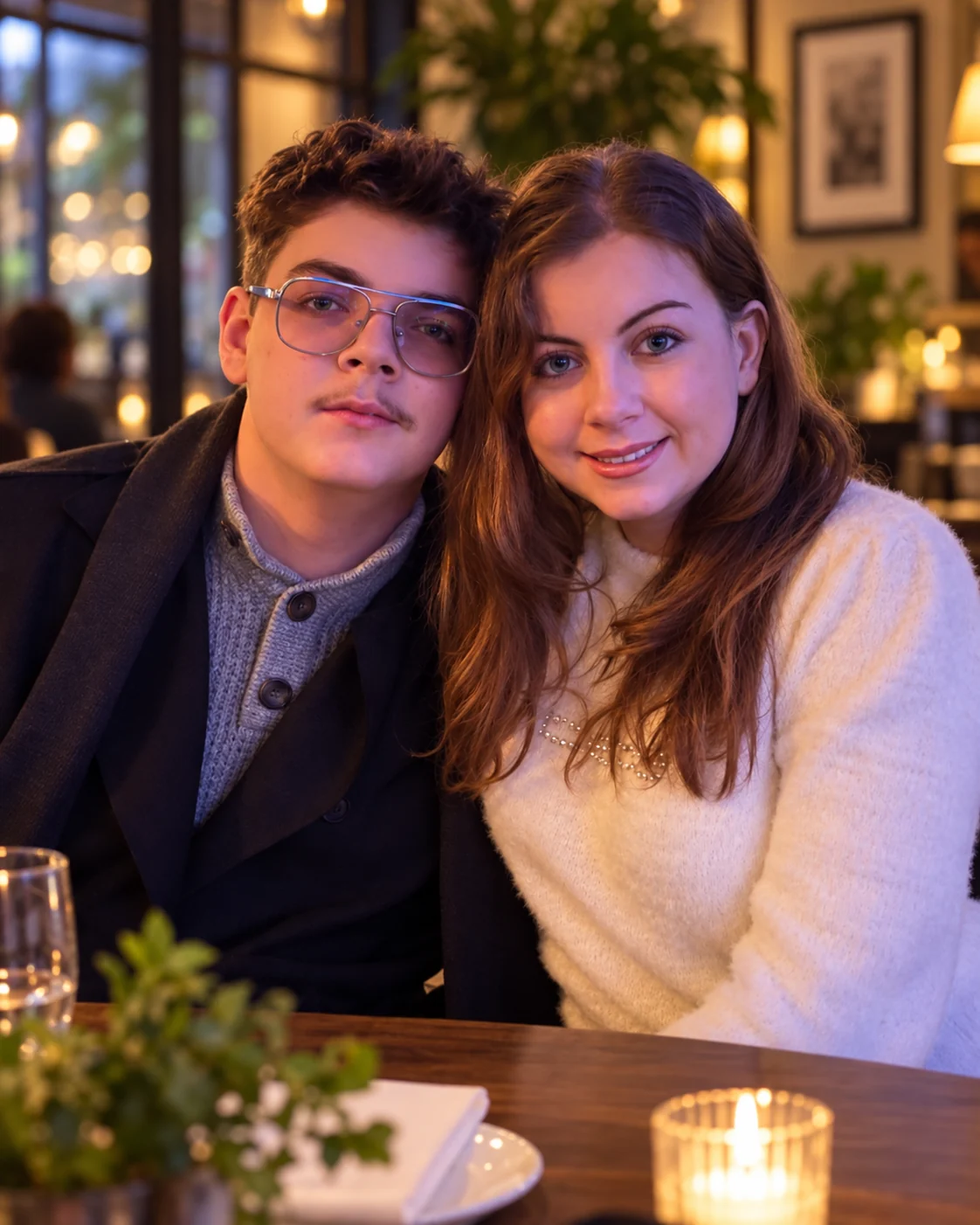 Portrait of two people at a candlelit restaurant